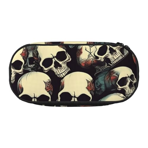 ENRPTY Totenkopf-Skelett-Druck mit Reißverschlussfächern, Schreibwaren, Bleistifttasche, tragbare Kosmetik-Aufbewahrungstasche von ENRPTY