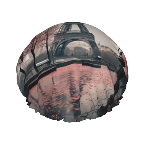 Eiffelturm mit rotem Regenschirm-Druck, wiederverwendbare Duschhaube für alle Haarlängen, mit elastischem Band von ENRPTY