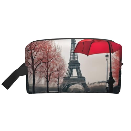Kulturbeutel mit Reißverschluss, Motiv: Eiffelturm mit rotem Regenschirm, für Damen und Herren, tragbare Make-up-Tasche von ENRPTY