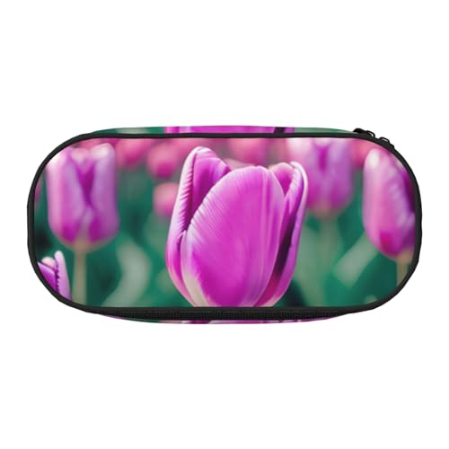 Lila Tulpenmuster mit Reißverschlussfächern, Schreibwaren, Bleistifttasche, tragbare Kosmetik-Aufbewahrungstasche von ENRPTY