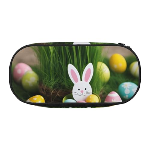 Osterei-Hasen-Gras-Holzdruck mit Reißverschlussfächern, Schreibwaren, Bleistifttasche, tragbare Kosmetik-Aufbewahrungstasche von ENRPTY