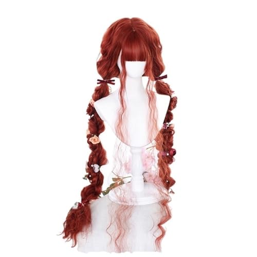 Lange lockige Clip auf Pferdeschwänze Cosplay Perü Kunsthaar, 120 cm lang, lockig, blond, schwarz, Harajuku-Perücke mit Pony, Perücken for Damen, hitzebeständig(Red) von ENSDIEPLS