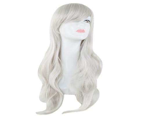 Lange lockige Clip auf Pferdeschwänze Cosplay Perü Synthetisches hitzebeständiges langes gewelltes blaues Frauenhaarkostüm Karneval Halloween Masque Party Salon Haarteil(Silver grey) von ENSDIEPLS