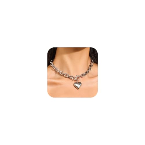 ENSKEFEN Chunky Puffy Silber Herz Charm Halsketten für Damen Große Herz Kette Link Anhänger Halskette Liebe Choker Halskette Modeschmuck ENSKEFEN Chunky Puffy Silber Herz Charm Halsketten für Damen Große Herz Kette Link Anhänger Halskette Liebe Choker Halskette Modeschmuck von ENSKEFEN