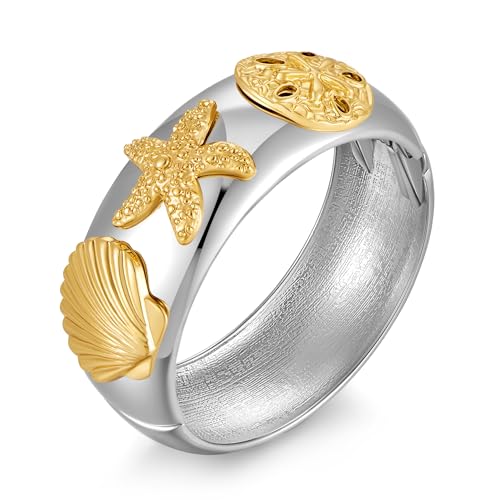 ENSKEFEN Klobige Silberne Armreifen für Damen Goldenem Muschel Seestern Armband Boho Vintage Statement Armband Sommer Strand Dicke Offene Manschettenarmbänder Scharnier von ENSKEFEN