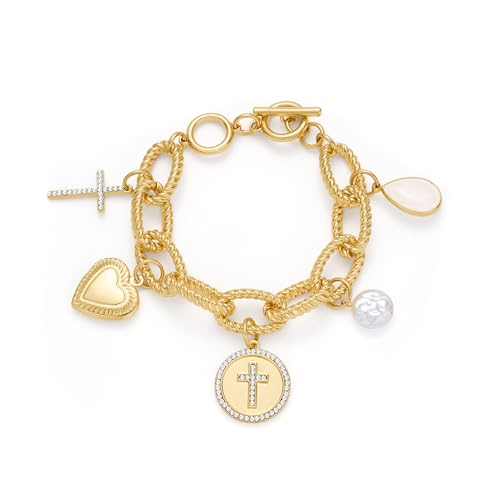 ENSKEFEN Gold Charm Armbänder für Damen Klobige Gold Gliederkette Armreif Modisches Herz Kreuz Perlen Anhänger Charm Armband von ENSKEFEN