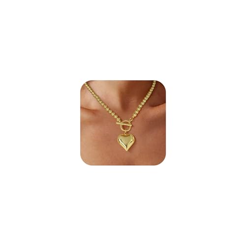 ENSKEFEN Goldfarbene Herzanhänger Perlenketten für Damen Runde Perlenkette Choker Herzanhänger OT Knebelverschluss Halskette von ENSKEFEN