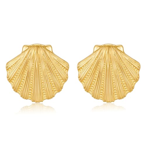 ENSKEFEN Goldfarbene Strukturierte Muschelohrringe für Damen Große Muschel Ohrstecker Gold Ozean Jakobsmuschel Muschelohrringe Böhmische Sommer Strand Ohrringe Schmuck von ENSKEFEN