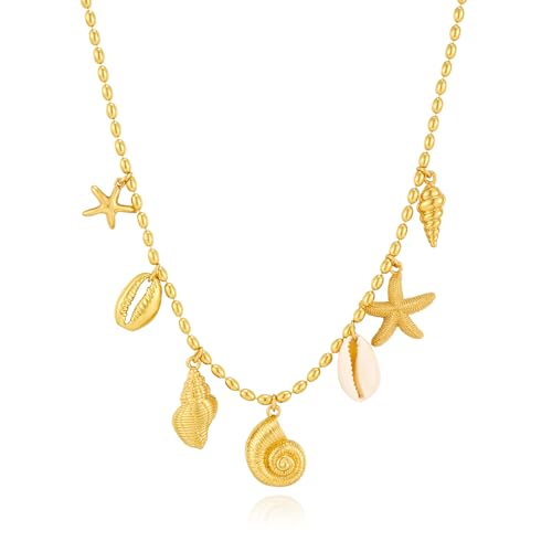 ENSKEFEN Klobige Gold Charm Halsketten für Damen Zierliche Goldperlen Muschel Muschel Seestern Halskette Statement Anhänger Choker Halskette Surfer Sommer Boho Strand Ozean Schmuck von ENSKEFEN