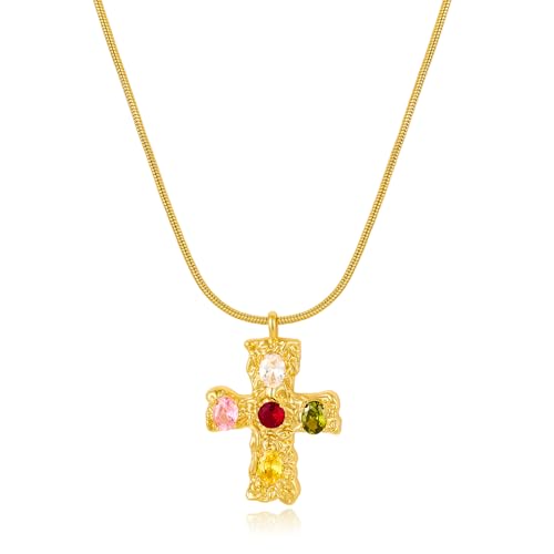 ENSKEFEN Klobige Gold Gehämmerte Kreuzketten für Damen Bunte Kristalle Kreuzanhänger Trendige Runde Schlangenkette Goldanhänger Halskette Statement Glaubensschmuck von ENSKEFEN