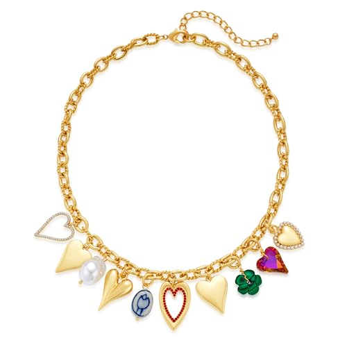 ENSKEFEN Klobige Goldene Herz Halsketten für Damen Bunte Halskette mit Mehreren Anhängern Herzanhänger Boho Vintage Statement Goldkette Modeschmuck von ENSKEFEN