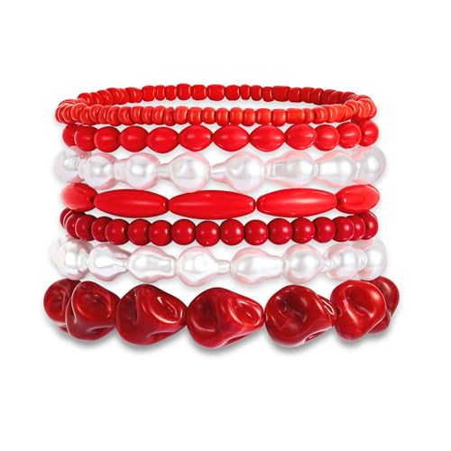 ENSKEFEN Mehrschichtige Stretch Armreifen Roten Perlen für Damen Trendiges Klobiges Stapelbares Statement Armband Verstellbares Elastisches Armband ENSKEFEN Mehrschichtige Stretch Armreifen Roten Perlen für Damen Trendiges Klobiges Stapelbares Statement Armband Verstellbares Elastisches Armband von ENSKEFEN