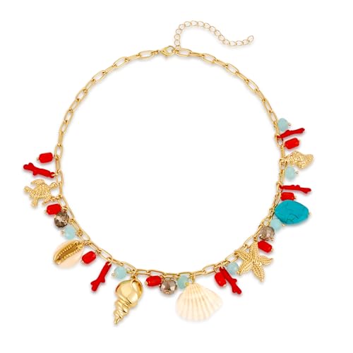 ENSKEFEN Muschelketten für Damen Boho Sommer Rote Koralle Muschel Seestern Charm Halskette modisch Strand Ozean Klobige Goldketten Statement Halskette Schmuck von ENSKEFEN