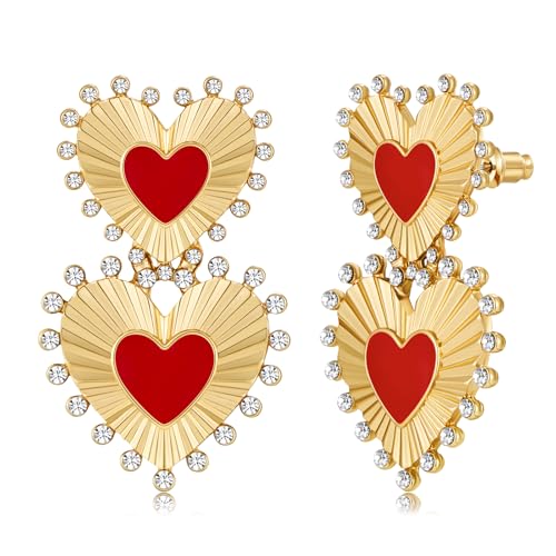 ENSKEFEN Rote Emaille Herzohrringe für Damen Klobige Gold Kristallen Doppelherzohrringe Modisches Statement Baumelnde Tropfenohrringe Hochzeit Valentinstags Ohrringe ENSKEFEN Rote Emaille Herzohrringe für Damen Klobige Gold Kristallen Doppelherzohrringe Modisches Statement Baumelnde Tropfenohrringe Hochzeit Valentinstags Ohrringe von ENSKEFEN