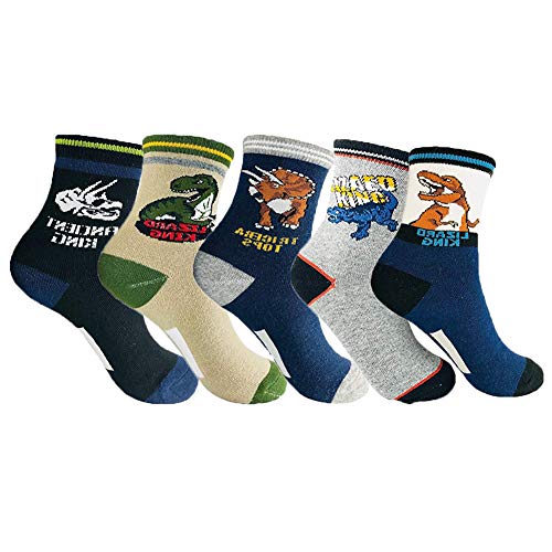 ENSTAB 5 Paar Socken Jungen Dinosaurier Socken Baumwolle Herbst Winter Warme Socken Dino Für Kinder 4-10 Jahre, Dino-b, 4-7 Jahre(15-19 CM) von ENSTAB