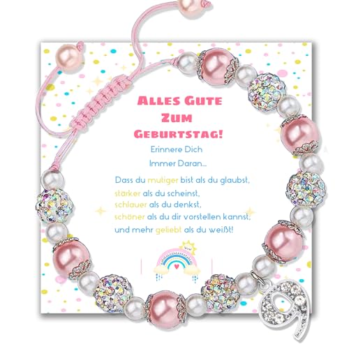 ENSTAB Geburtstagsgeschenk Mädchen 9 Jahre Rosa Armband Geburtstagsgeschenk Armband Karte Geschenkbox für Mädchen(Rosa-9) von ENSTAB