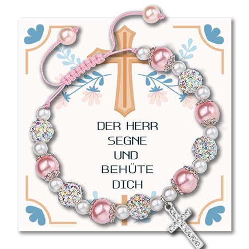 ENSTAB Kommunion Geschenke für Mädchen Armband mit Kreuz Kommunionkarten Geschenk Kommunion Mädchen (Pink-Kommunion) von ENSTAB