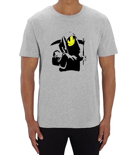 Banksy Happy Smiling Sensenmann T-Shirt Klassisch, Banksy Happy Smiling Sensenmann Tees Tops Herren Kleidung, grau, 3XL von ENTROPIJA