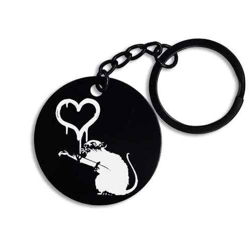 ENTROPIJA Banksy Rat Graffiti Heart Runder Schlüsselanhänger & Schlüsselbund Pin Anhänger Schwarz Stah von ENTROPIJA