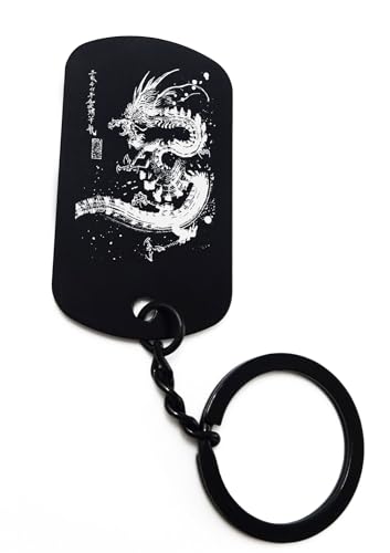 ENTROPIJA Schlüsselanhänger mit japanischem Drachen im Kanji-Stil, lasergraviert, klassischer schwarzer Schlüsselanhänger aus Stahl, Schwarz , One size von ENTROPIJA