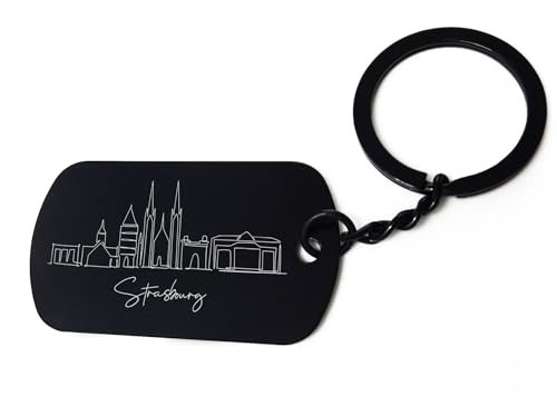 ENTROPIJA Straßburg Skyline Stadtbild Lasergravierter Schlüsselanhänger Kunst Klassisch Schwarz Schlüsselanhänger Stahl Tag, Schwarz , One size von ENTROPIJA