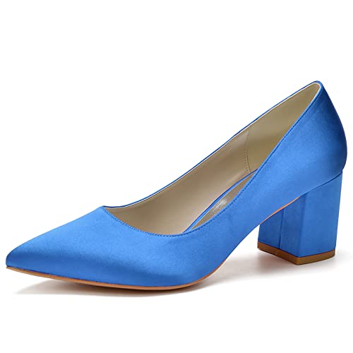 Blockabsatz Pumps Für Damen Elegant High Heels Absatzschuhe Mit Dicker Absatz Spitze Zehen Slip-On Hochzeit Abend Pumps,Blau,37 EU von ENWIND
