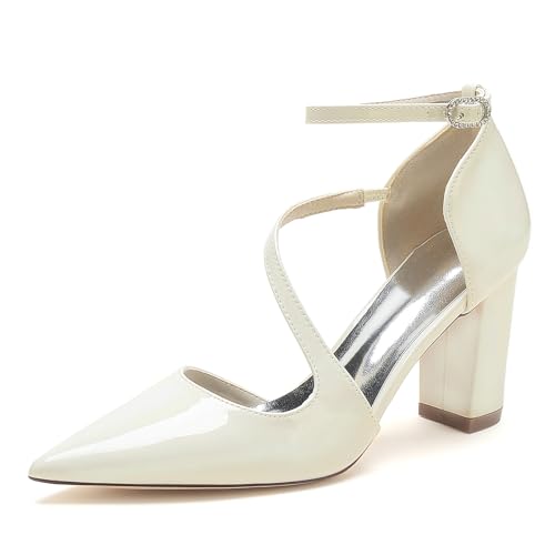 Damen Geschlossener Zehenpartie Mitte Blockabsatz Brautschuhe Knöchel Schnalle Klobige Hochzeits Pumps,Elfenbein,39 EU von ENWIND