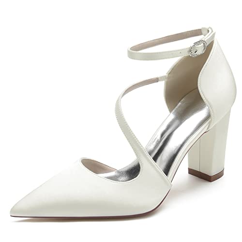 Damen Pumps Mit Blockabsatz Riemchenpumps Elegant Spitze Zehen Brautschuhe Für Hochzeiten Und Partys,Elfenbein,36 EU von ENWIND