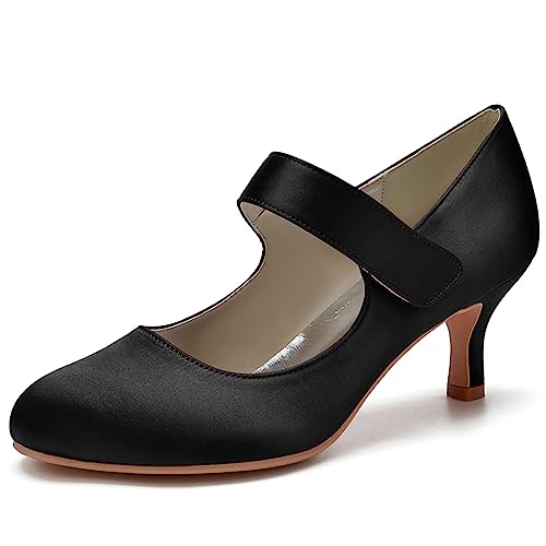 Damen Pumps Riemen Knöchel Runde Spitze Mary Janes Satin Kätzchen Absatzschuhe Hochzeit,Schwarz,43 EU von ENWIND