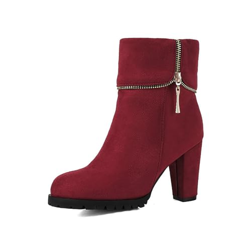 ENWIND Blockabsatz Stiefeletten Damen Mode Party Kurze Stiefel Runde Zehe Winterstiefel Mit Reißverschluss,Rot,37 EU von ENWIND