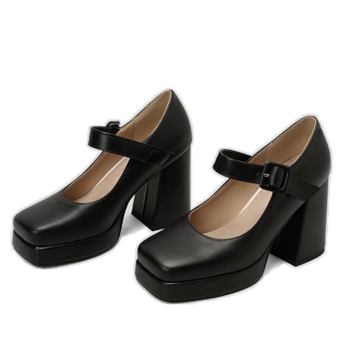 ENWIND Damen Blockabsatz Mary Jane Schuhe Plateau Pumps Mit Schnalle,Schwarz,40 EU von ENWIND