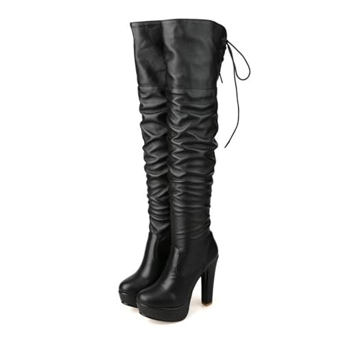 ENWIND Damen Blockabsatz Runde Zehe Hoher Absatz Winter Slouchy Stiefel Schnür Party Overknee Lange Stiefel,Schwarz,45 EU von ENWIND