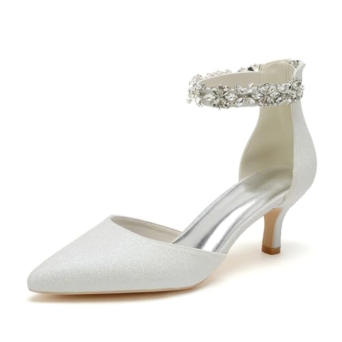 ENWIND Damen Kätzchen Absatz Knöchelriemchen Pumps Spitz Zehen Glitzer Reißverschluss Brautschuhe Kleiner Absatz Strass Hochzeitsschuhe,Elfenbein,35 EU von ENWIND