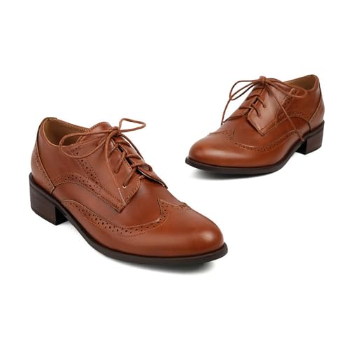 ENWIND Damen Klassische Derby Schnürhalbschuhe Oxford Flach Brogues Anzugschuhe Flache Businessschuhe,Braun,38 EU von ENWIND