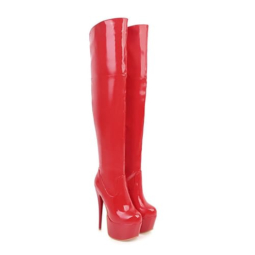 ENWIND Damen Langschaft Stiefel Mode High Heel Overknee Stiefel Plateau Stiefel Elegante Kleid Stiefel,Rot,48 EU von ENWIND