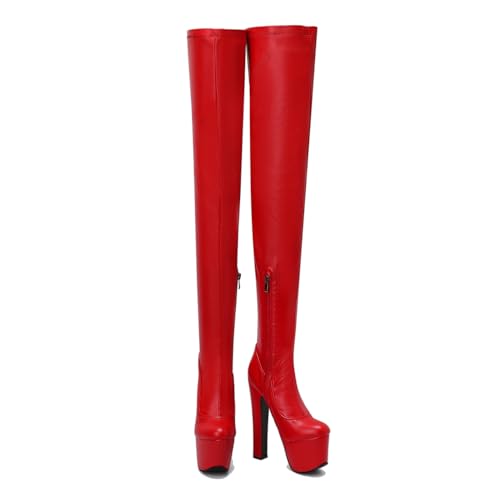 ENWIND Damen Plateau Overknee Stiefel Warme Winter Lange Stiefel Mit Stämmiger Absatz Seitlichem Reißverschluss Oberschenkel Hohe Stiefel,Rot,45 EU von ENWIND