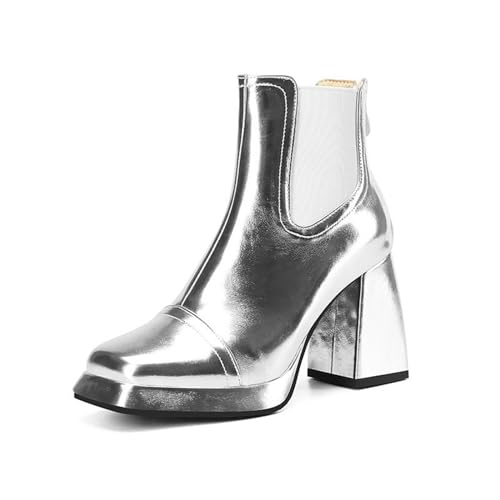 ENWIND Damen Plateau Stiefeletten Chelsea Boots mit Blockabsatz,Silber,37 EU von ENWIND