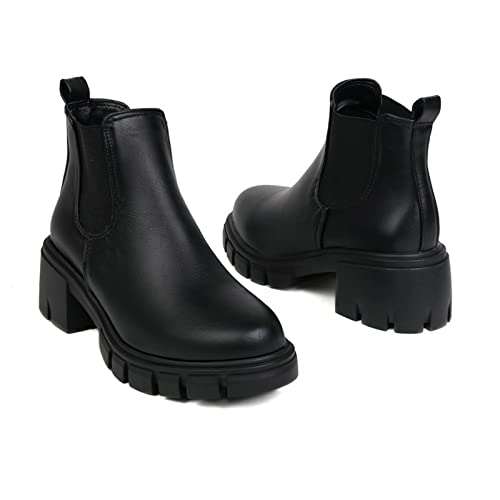 ENWIND Damen Plattform Chelsea Stiefel mit elastischen Slip auf Runde Zehe Mid Block Heel Leder Ankle Booties,Schwarz,34 EU von ENWIND
