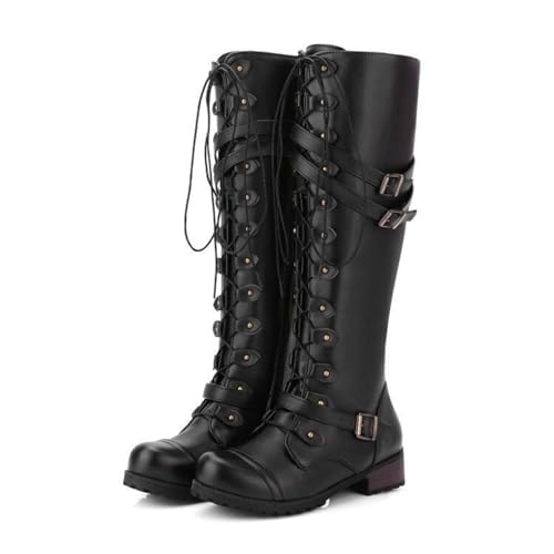 ENWIND Damen Punk Kniehohe Stiefel Kleiner Absatz Schnüren Armee Militärstiefel Seitlichem Reißverschluss Motorrad Biker Stiefel,Schwarz,38 EU von ENWIND