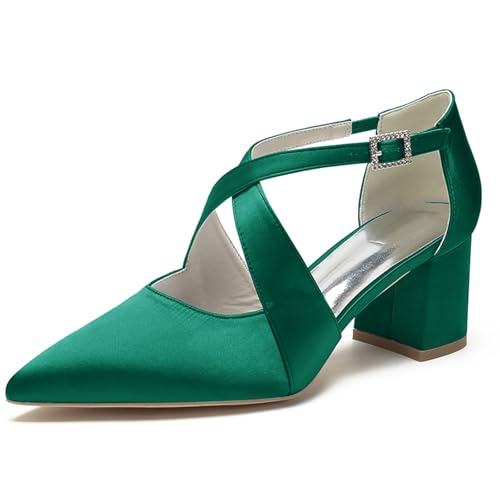 ENWIND Damen Riemchenpumps Mit Kreuz Knöchelriemen Blockabsatz Geschlossener Spitze Zehen Brautschuhe Für Hochzeiten Und Partys,Grün,42 EU von ENWIND