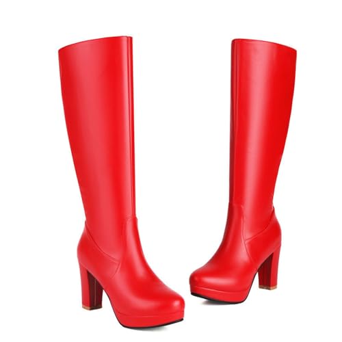 ENWIND Damen Stiefeletten Warme Lange Stiefel Hohe Runde Zehe Winter Reißverschluss PU Lederstiefel,Rot,46 EU von ENWIND