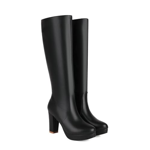 ENWIND Damen Stiefeletten Warme Lange Stiefel Hohe Runde Zehe Winter Reißverschluss PU Lederstiefel,Schwarz,41 EU von ENWIND