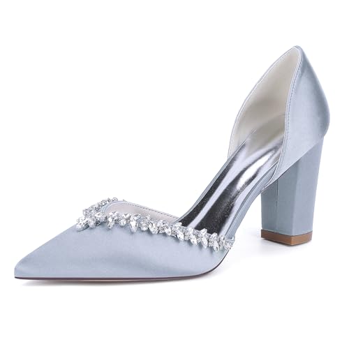 ENWIND Frauen Chunky Heel Pointed Toe Strass Hochzeit Abend Satin Schuhe Für Braut,Silber,39 EU von ENWIND