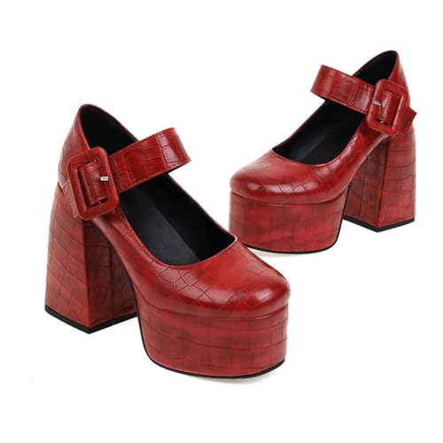 ENWIND Frauen Mode Plattform Mary Janes Schuhe Knöchelriemen Chunky Heel Lolita Schuhe Dicker Absatz Süße Pumps,Rot,47 EU von ENWIND