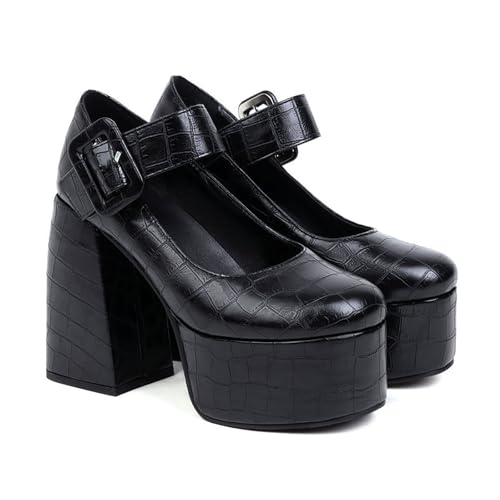 ENWIND Frauen Mode Plattform Mary Janes Schuhe Knöchelriemen Chunky Heel Lolita Schuhe Dicker Absatz Süße Pumps,Schwarz,48 EU von ENWIND