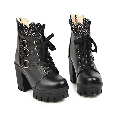 ENWIND Frauen Plattform Knöchelstiefel Schnürstiefel Blockabsatz Kampfstiefel Runden Zehen Winter Lolita Cosplay Stiefel,Schwarz,40 EU von ENWIND
