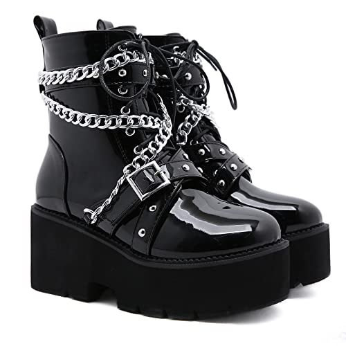 ENWIND Frauen Schnalle Punk Plattform Motorrad Stiefel Kampf Booties Seite Reißverschluss Lackleder Stiefeletten,Schwarz,38 EU von ENWIND