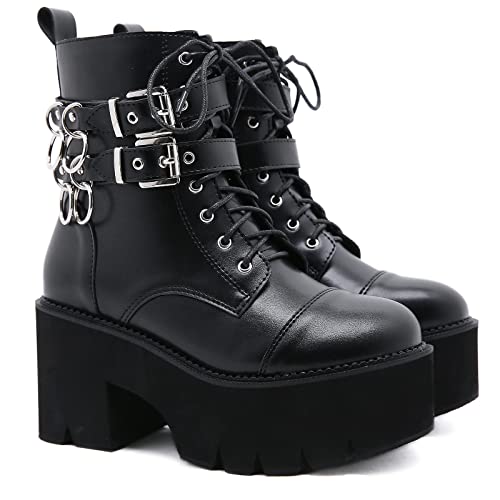 ENWIND Kampf Stiefel Gothic Dicke Kunstleder Stiefel High Heels Plattform Schnürschuhe für Frauen,Schwarz,41 EU von ENWIND