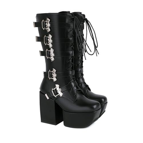 ENWIND Kniehohe Stiefel Für Damen Seitlicher Reißverschluss Warme Plattform Chunky Stiefel Punk Goth Walking Winter Schnee Stiefel,Black patent Leather,48 EU von ENWIND