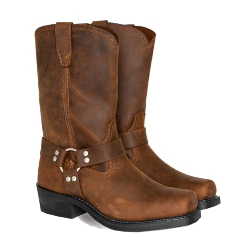 ENWIND Männer Nieten Ritter Stiefel Quadrat Kopf Knöchel Hohe Motorrad Stiefel Cowboy Lange Stiefel Leder Arbeitsstiefel,Gelb,44 EU von ENWIND